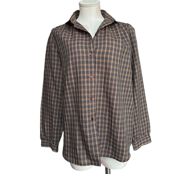 Vintage Tops - Vintage 1960s/70s Plaid Button-Up Blouse – Brown/Blue - medium